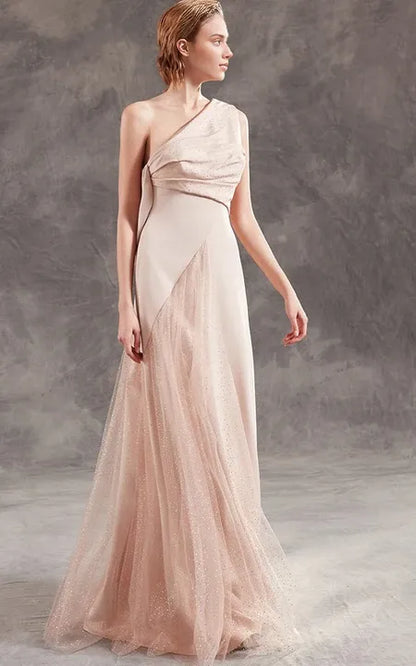 Formal Wear Dresses/Ethereal Sleeveless Floor-length A Line Tulle Open Backless Evening Dress with Ruching Prom Dress