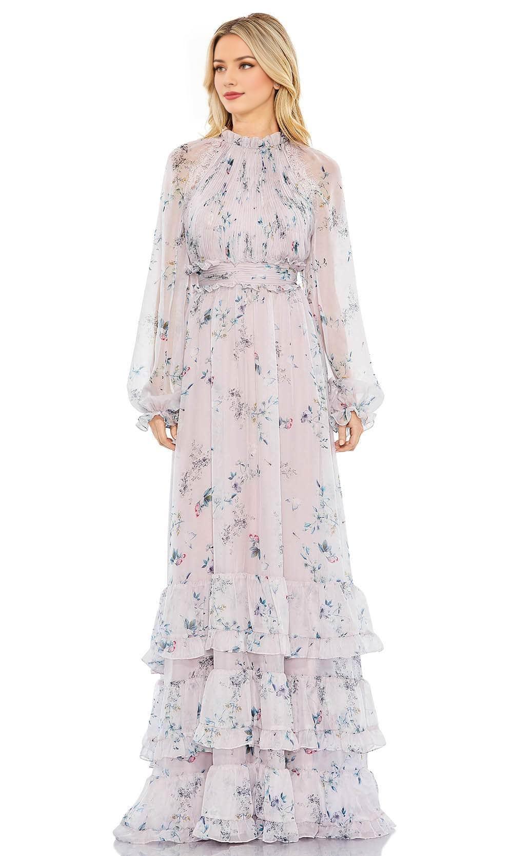 Formal Wear Dresses/ Floral Printed A-line Long Sleeves Ruched Bodice High Neck Prom Dress/ Evening Dresses For Women