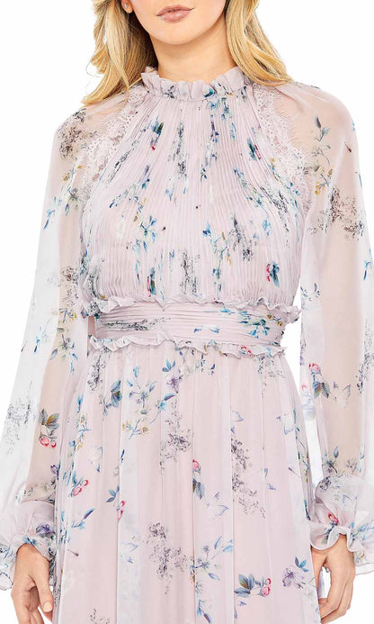 Formal Wear Dresses/ Floral Printed A-line Long Sleeves Ruched Bodice High Neck Prom Dress/ Evening Dresses For Women