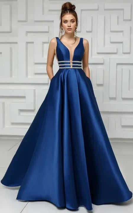 Formal Wear Dresses/Modern Elegant Sleeveless Plunged Satin Ball Gown Prom Dress with Beaded Waist and V Back Prom Dress