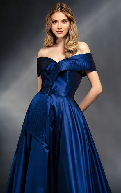 Formal Wear Dresses/Off-the-shoulder Solid A-line Satin Dress with Sweep Train Prom Dress