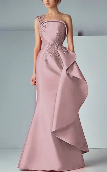 Formal Wear Dresses/Satin Sheath One-shoulder Applique Peplum Formal Evening Dress Prom Dress