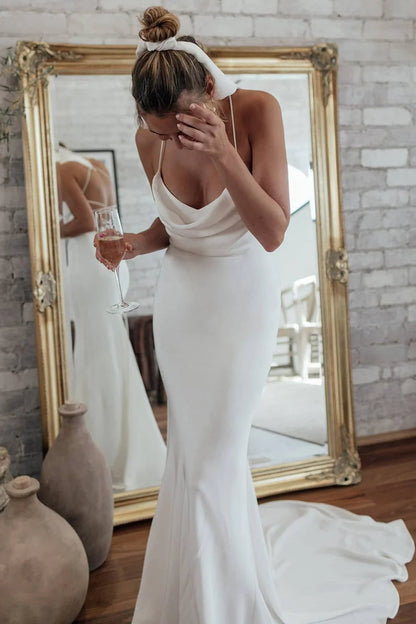 Formal Wear Dresses/Simple White Satin Spaghetti Straps Mermaid Wedding Dresses/Evening Dresses For Wedding