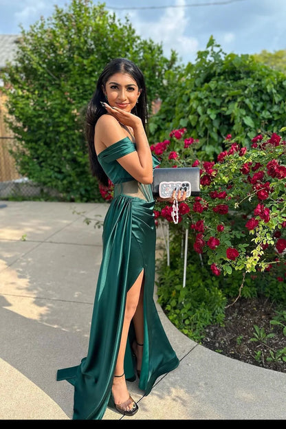 Formal Wear Dresses Sleeveless Off the Shoulder Sark Green Satin Mermaid Formal Dress Prom Dress Stores With Prom Dresses