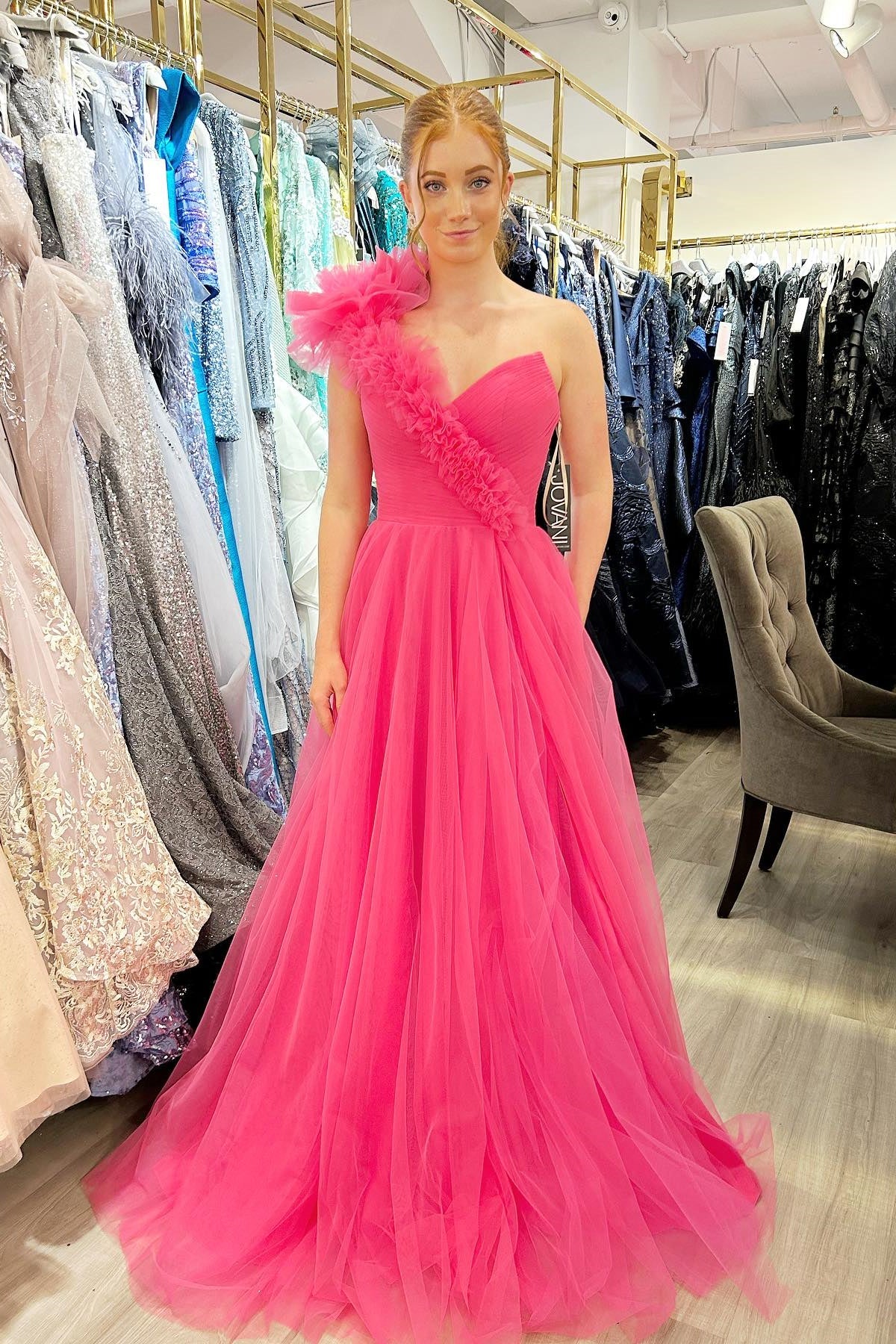 Formal Wear Dresses Sleeveless One Shoulder Hot Pink Pleated Long Formal Dress Prom Dress Stores With Prom Dresses