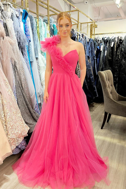 Formal Wear Dresses Sleeveless One Shoulder Hot Pink Pleated Long Formal Dress Prom Dress Stores With Prom Dresses