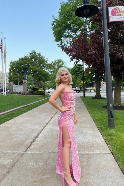 Formal Wear Dresses Spaghetti Straps Cowl Neck Pink Sequin Mermaid Long Formal Dress with Slit Prom Dress Stores With Prom Dresses