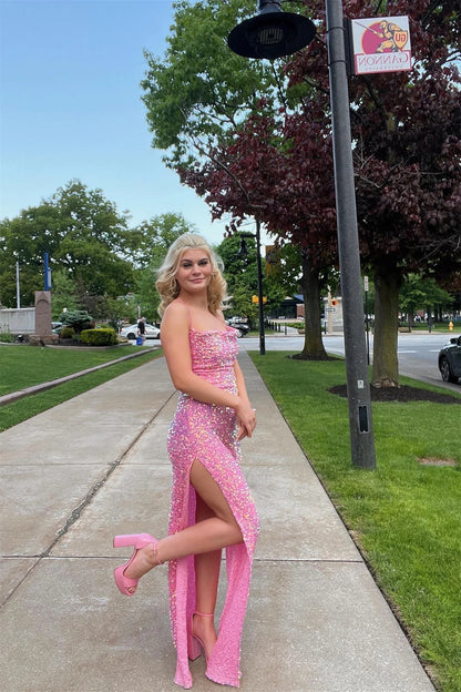 Formal Wear Dresses Spaghetti Straps Cowl Neck Pink Sequin Mermaid Long Formal Dress with Slit Prom Dress Stores With Prom Dresses