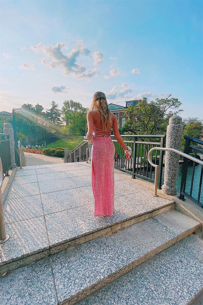 Formal Wear Dresses Spaghetti Straps Cowl Neck Pink Sequin Mermaid Long Formal Dress with Slit Prom Dress Stores With Prom Dresses