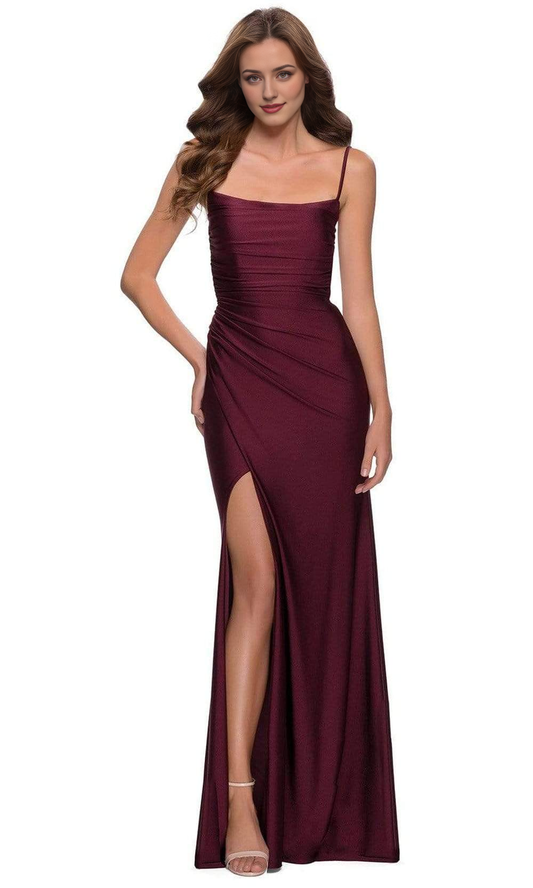 Formal Wear Dresses/ Spaghetti Straps Open Back Draped High Slit Sheath Prom Dress/ Evening Dresses For Women