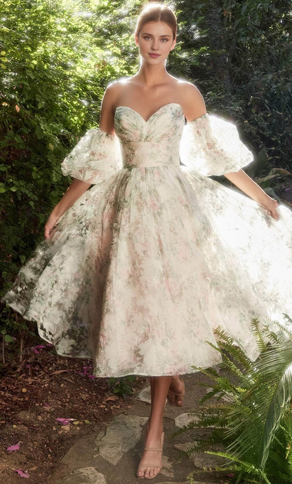 Formal Wear Dresses/ Strapless Detachable Sleeves Lace-Up Back Tea-Length Prom Dress/ Evening Dresses For Women