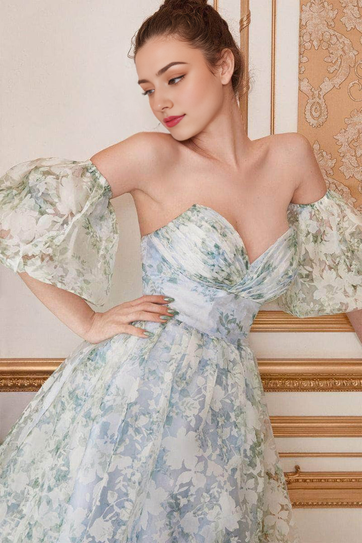 Formal Wear Dresses/ Strapless Detachable Sleeves Lace-Up Back Tea-Length Prom Dress/ Evening Dresses For Women
