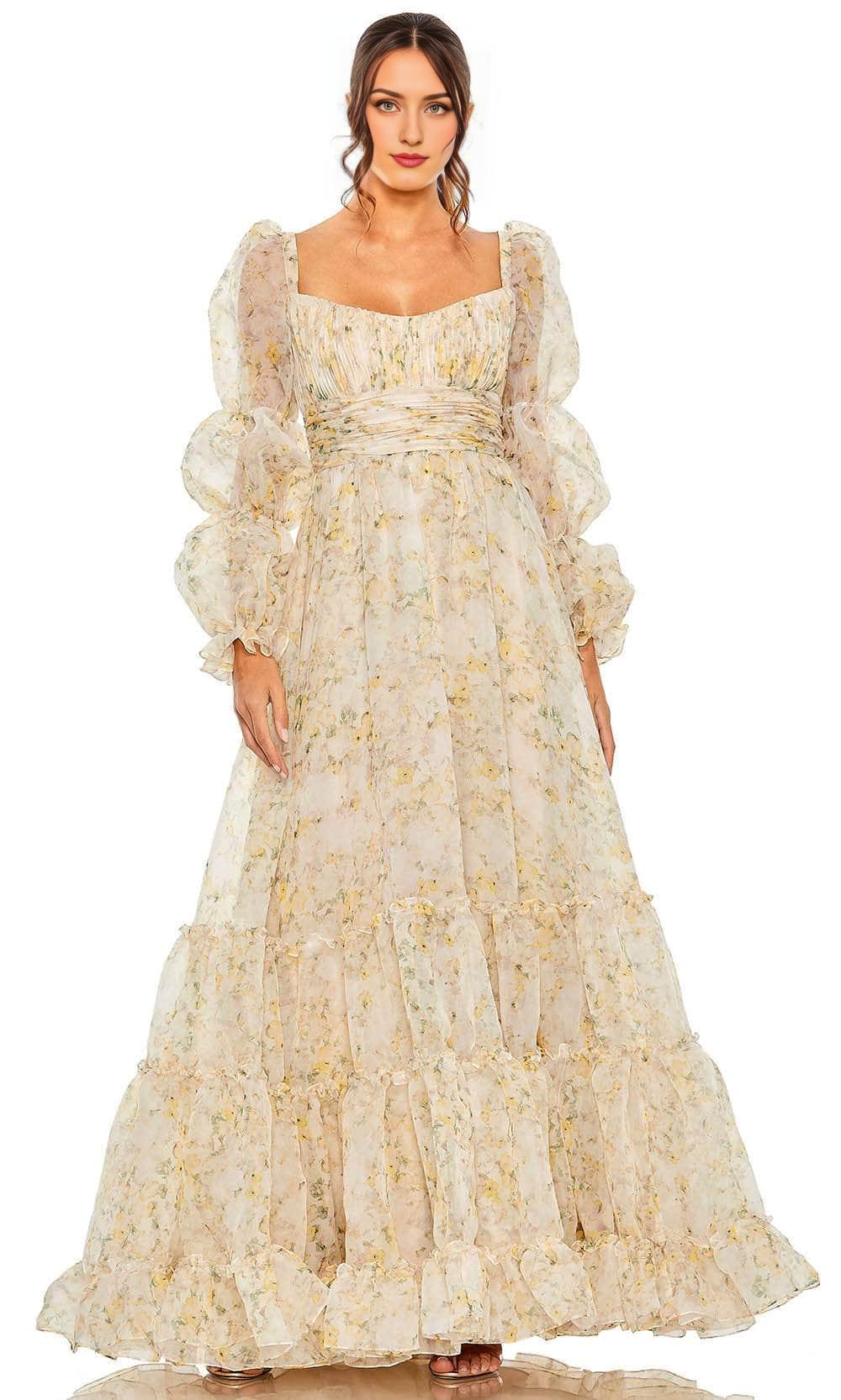 Formal Wear Dresses/ Tiered Ruffled A-line Long Puff Sleeves High Scoop Back Evening Dress Prom Dress/ Evening Dresses For Women
