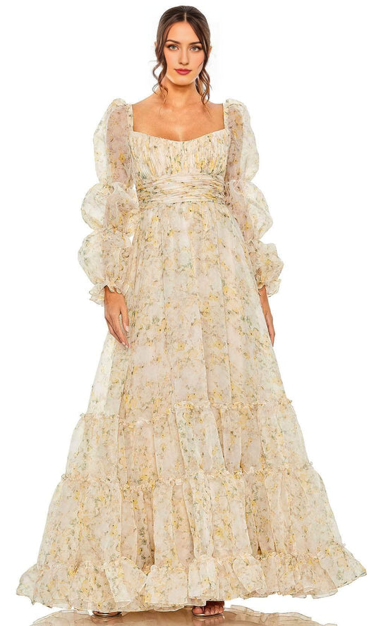 Formal Wear Dresses/ Tiered Ruffled A-line Long Puff Sleeves High Scoop Back Evening Dress Prom Dress/ Evening Dresses For Women