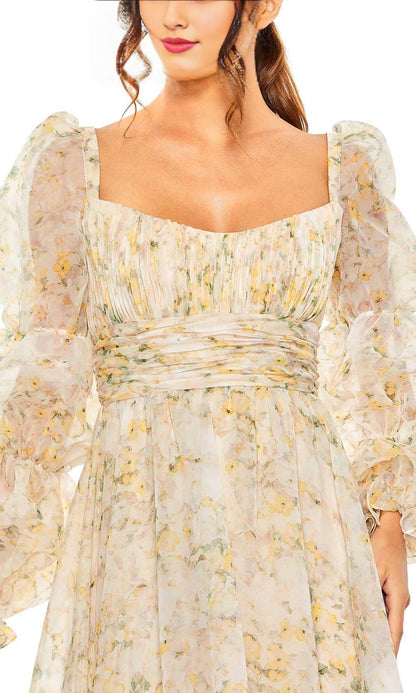Formal Wear Dresses/ Tiered Ruffled A-line Long Puff Sleeves High Scoop Back Evening Dress Prom Dress/ Evening Dresses For Women
