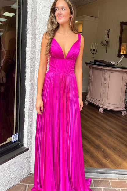 Formal Women's Dresses/A-Line V-Neck Fuchsia Pleated Long Prom Dress