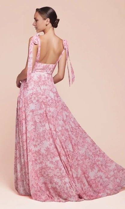 Formal Women's Dresses A-line Flutter Shoulder Straps Sleeveless V-neck Floral Print Bodice Prom Dress Prom Dress In Store