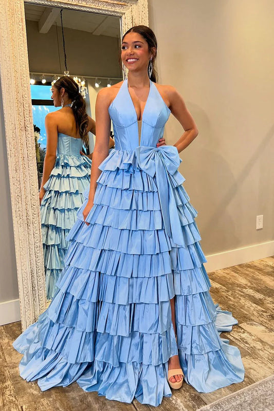 Formal Women's Dresses/Cute Ball Gown V Neck Blue Tiered Slit Prom Dress with Bow Evening Dress/Dress For Formal