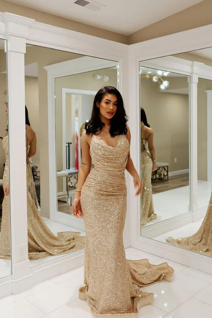 Formal Women's Dresses/Gold Cowl Neck Sequins Mermaid Long Prom Dresses Evening Dress/Dress For Formal