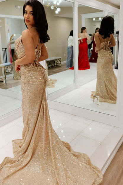 Formal Women's Dresses/Gold Cowl Neck Sequins Mermaid Long Prom Dresses Evening Dress/Dress For Formal