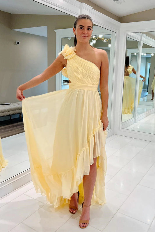 Formal Women's Dresses/Light Yellow A-line One Shoulder Lace-Up Pleated Ruffle High-Low Prom Dresses Evening Dress/Dress For Formal