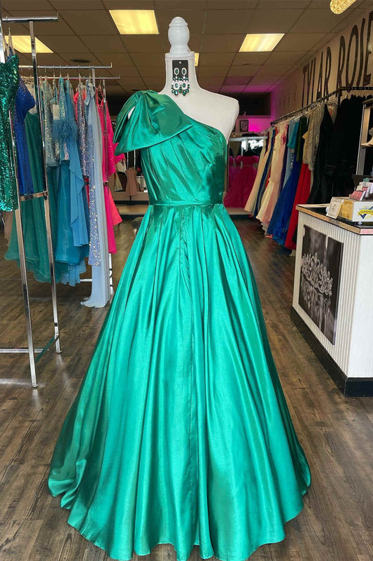 Formal Women's Dresses/One Shoulder Bow Tie Emerald Green Long Prom Dress