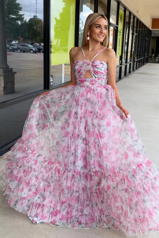 Formal Women's Dresses/Pink Print Halter Keyhole A-Line Long Prom Dress/Dress For Formal
