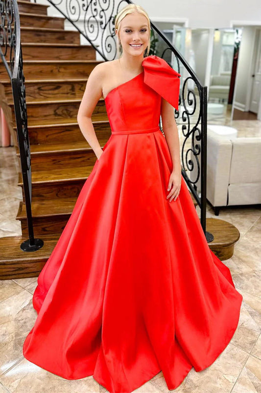 Formal Women's Dresses/Red One Shoulder Bow Tie Satin Prom Dress with Pockets