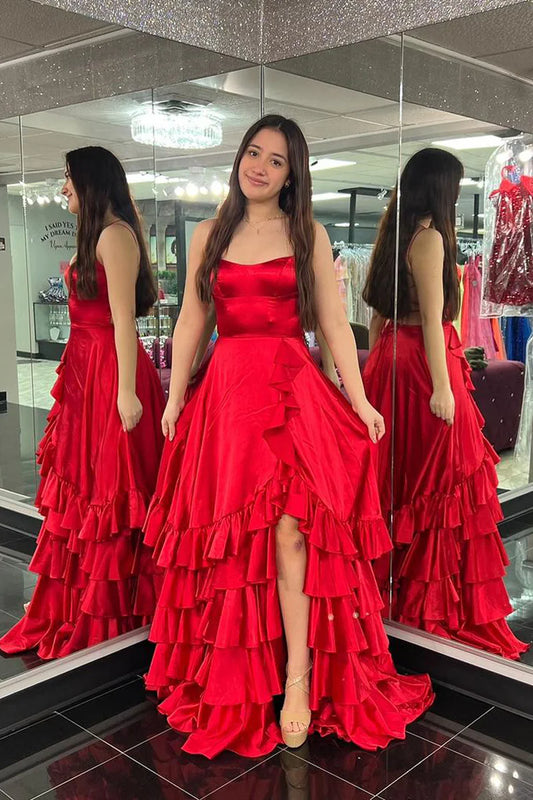 Formal Women's Dresses/Red Scoop Neck Ruffle Tiered Satin A-Line Long Prom Dresses Evening Dress/Dress For Formal