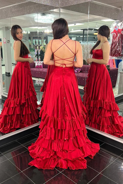 Formal Women's Dresses/Red Scoop Neck Ruffle Tiered Satin A-Line Long Prom Dresses Evening Dress/Dress For Formal