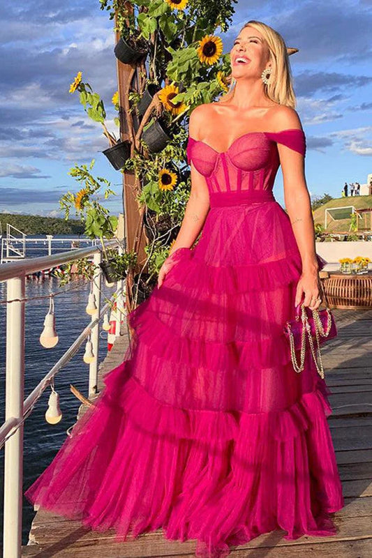Formal Women's Dresses/Straps Hot Pink Ruffle Tiered Long Prom Dress