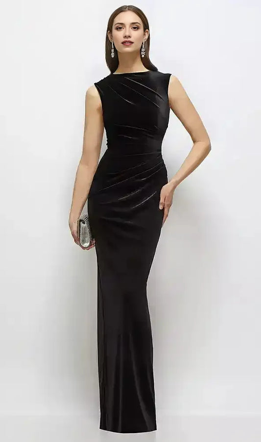 High-Neck Cap Shoulder Pleated Bodice Velvet Column Maxi Dress in Black