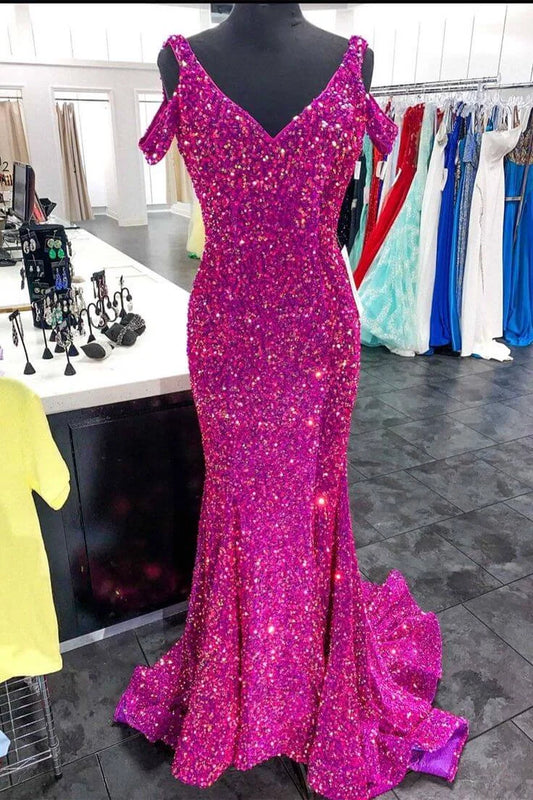 Fuchsia Sequin Formal Dresses Magenta Cold-Shoulder Mermaid Prom Dress Long