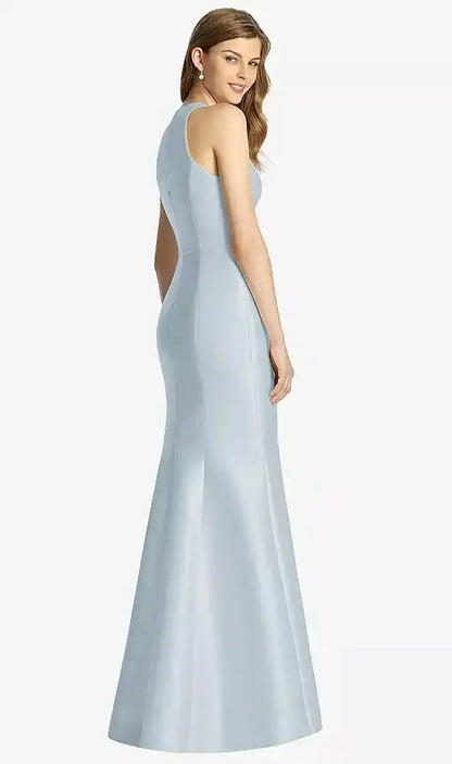 Full length sleeveless satin twill dress with jewel neckline and keyhole back Bridesmaid Dresses