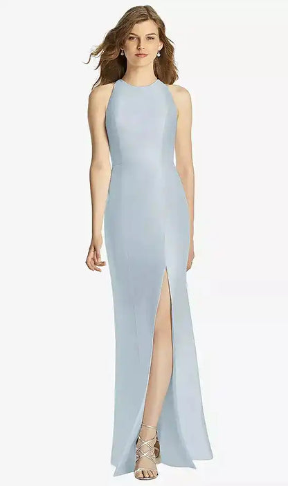 Full length sleeveless satin twill dress with jewel neckline and keyhole back Bridesmaid Dresses