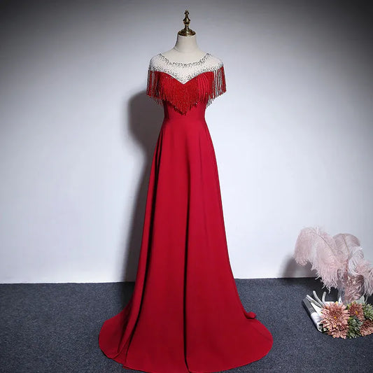 Glam Beaded Fringe Long Evening Dress Red Illusion Neck Sleeveless for Women