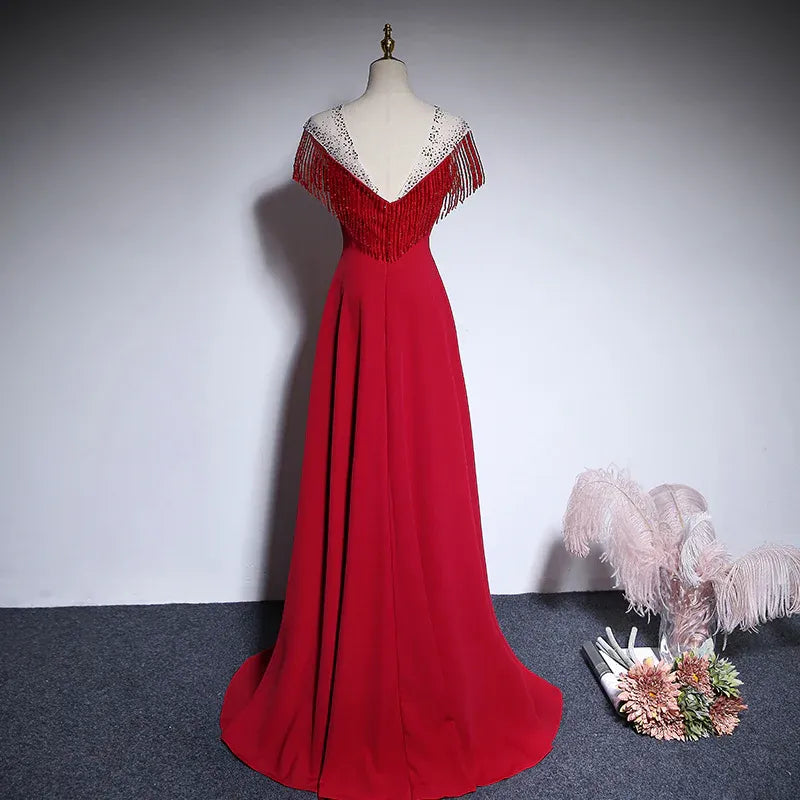 Glam Beaded Fringe Long Evening Dress Red Illusion Neck Sleeveless for Women