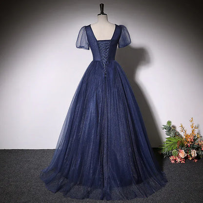 Glam Glitter Tulle Long Evening Dress Navy V-Neck Puff Sleeve for Women