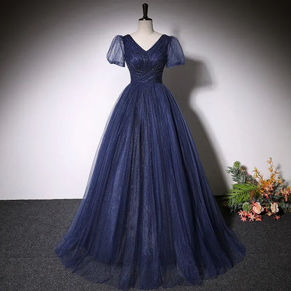 Glam Glitter Tulle Long Evening Dress Navy V-Neck Puff Sleeve for Women