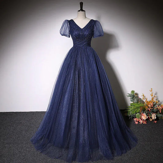 Glam Glitter Tulle Long Evening Dress Navy V-Neck Puff Sleeve for Women