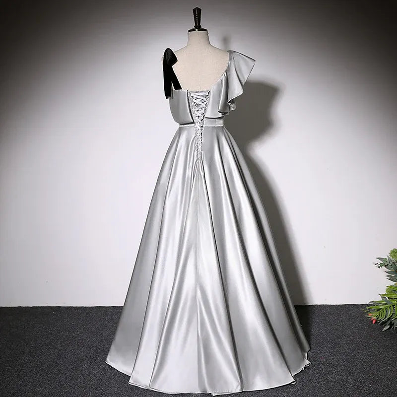 Glam Satin Long Evening Dress Silver Asymmetrical Ruffle Sleeve for Women