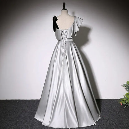 Glam Satin Long Evening Dress Silver Asymmetrical Ruffle Sleeve for Women
