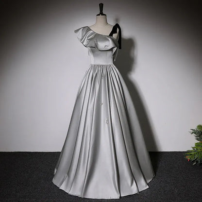 Glam Satin Long Evening Dress Silver Asymmetrical Ruffle Sleeve for Women