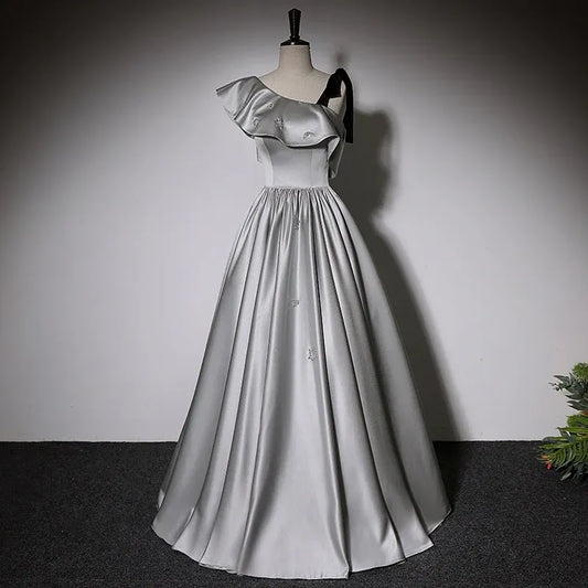 Glam Satin Long Evening Dress Silver Asymmetrical Ruffle Sleeve for Women