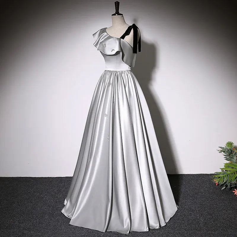 Glam Satin Long Evening Dress Silver Asymmetrical Ruffle Sleeve for Women