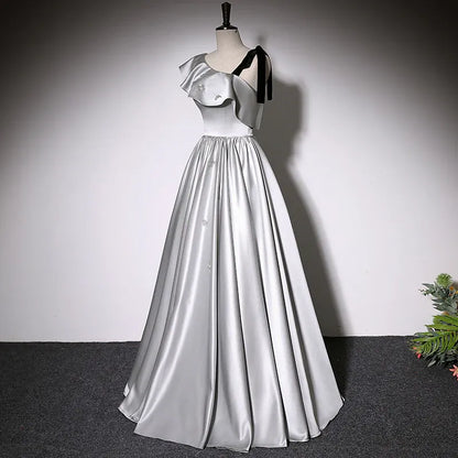 Glam Satin Long Evening Dress Silver Asymmetrical Ruffle Sleeve for Women