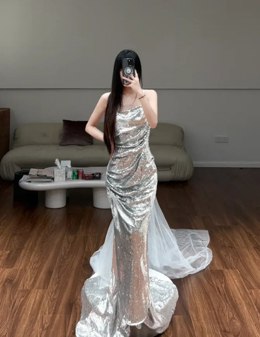 Glam Sequin Mermaid Long Evening Dress Silver Strapless Ruffled for Women