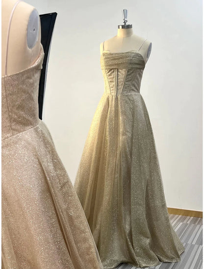 Model wearing a sparkling A-line cowl neck evening gown.