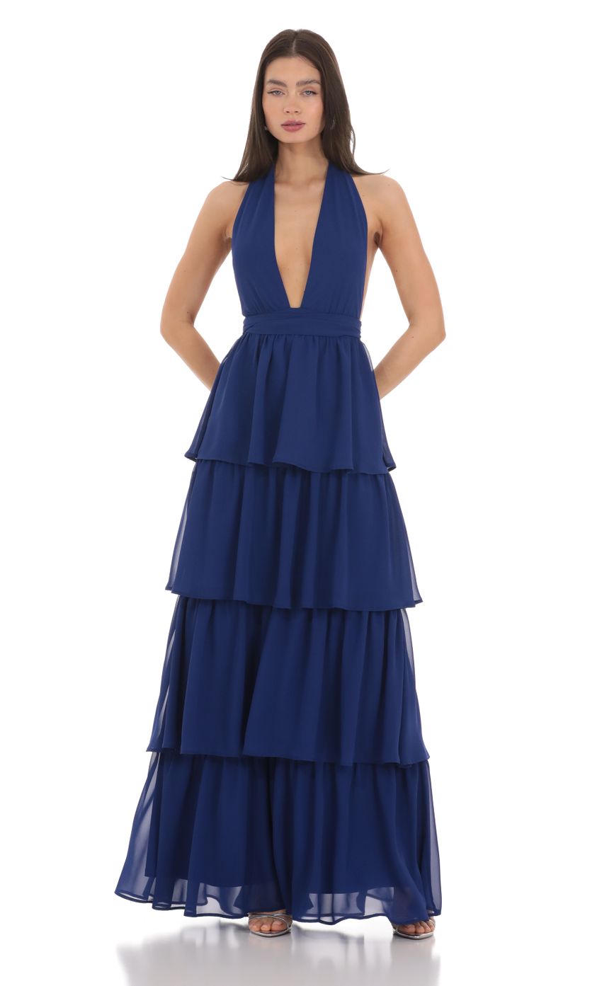 Glamorous A-Line Deep-V Halter-Strap Cut-Out-Back Tiered Chiffon Floor-Length Prom Dresses
