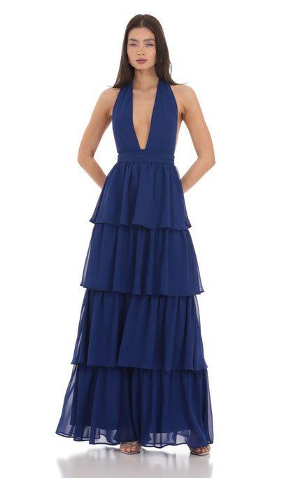 Glamorous A-Line Deep-V Halter-Strap Cut-Out-Back Tiered Chiffon Floor-Length Prom Dresses